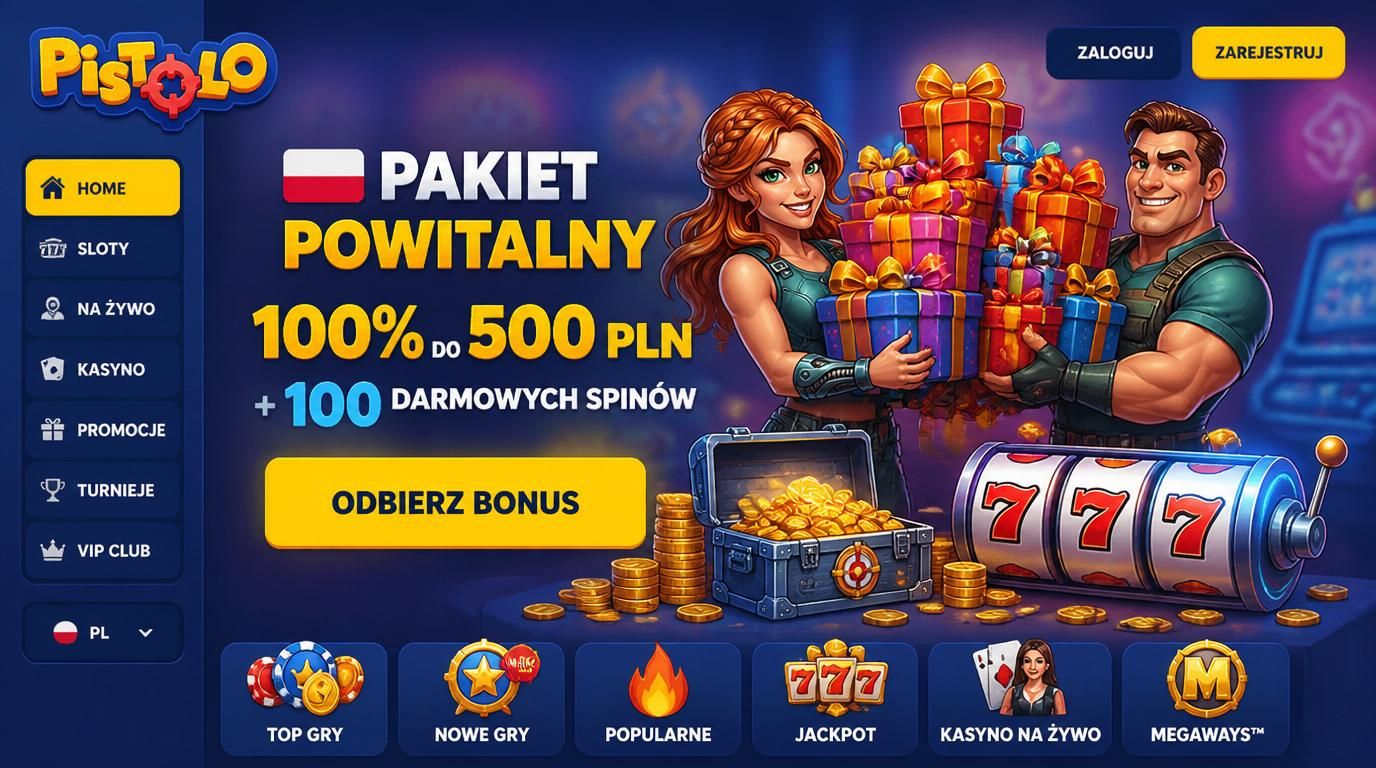 Grafika przedstawiająca powitalną ofertę kasyna Pistolo z akcentem na sloty i PLN